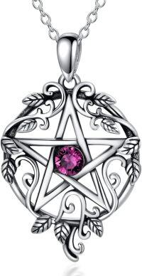 wholesale 925 Sterling Silver Pentagram Necklace with Birthstone Wiccan Tetragrammaton Gift for Women-02-Feb