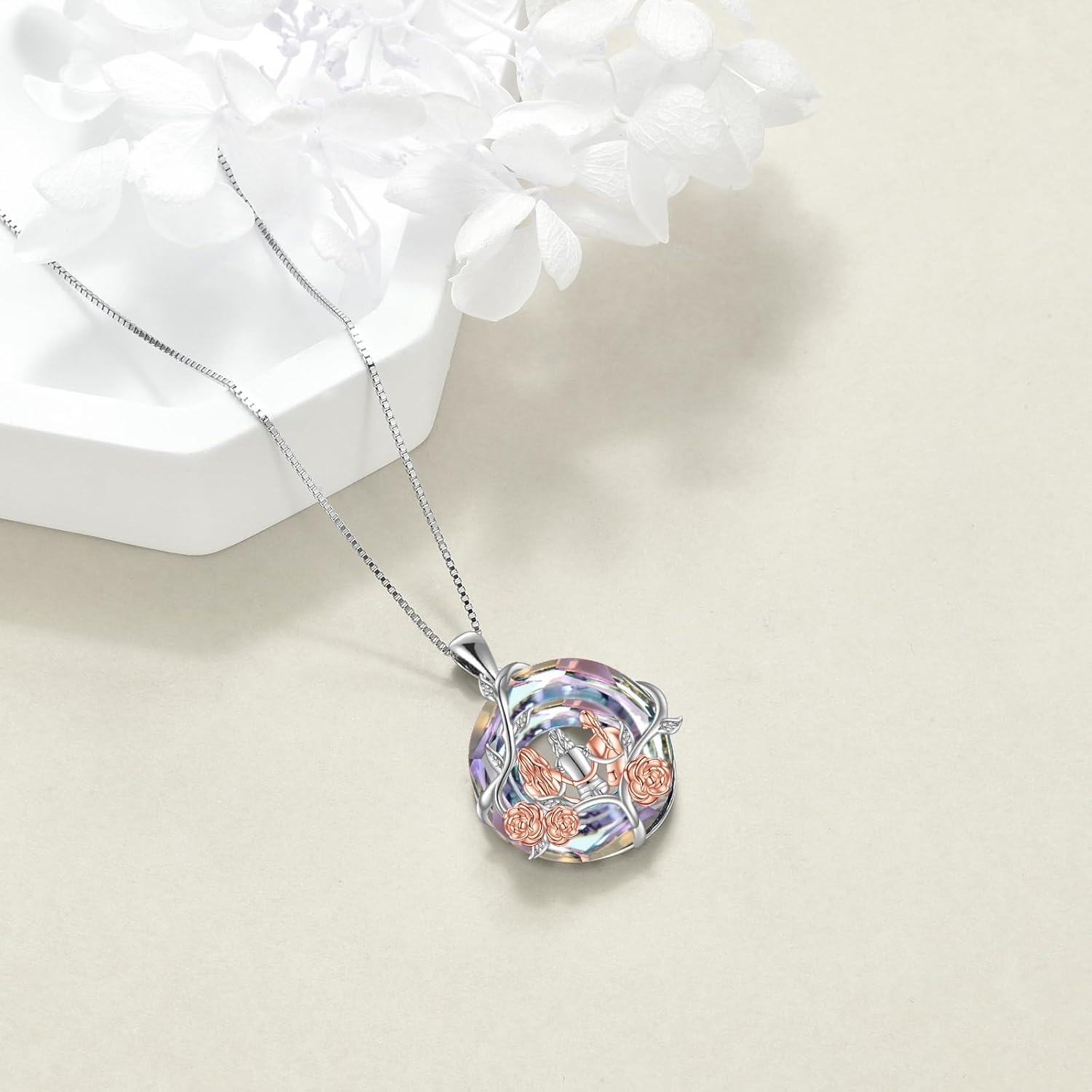 925 Sterling Silver Rainbow Crystal Rose Flower Sisters Circle Pendant Necklace-0-4