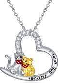 wholesale 925 Sterling Silver Heart-Shaped Pendant with Cats and Engraved Message I Love You Forever - 2 Tone Gold & White CZ Stones Necklaces for Women Girls -0-0