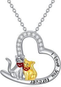 wholesale 925 Sterling Silver Heart-Shaped Pendant with Cats and Engraved Message I Love You Forever - 2 Tone Gold & White CZ Stones Necklaces for Women Girls -Cat Lover