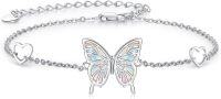 wholesale 925 Sterling Silver White Opal Butterfly Heart Charm Adjustable Bracelet for Women-Butterfly Bracelet - Opal