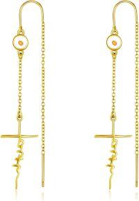 wholesale 925 Sterling Silver Cross Heartbeat Threader Drop Earrings for Women Girls Minimalist Religious  4cm Long Gold Tone Hypoallergenic Christian Faith Accessories-Gold