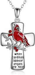 wholesale 925 Sterling Silver Cardinal Bird on Branch Cross Pendant Necklace for Women and Girls - Religious Christian -0-0