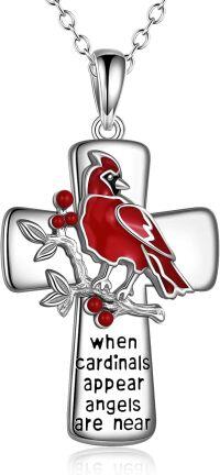 wholesale 925 Sterling Silver Cardinal Bird on Branch Cross Pendant Necklace for Women and Girls - Religious Christian -red cardinal