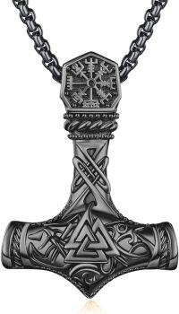 wholesale 925 Sterling Silver Viking Mjolnir Thors Hammer Pendant Necklace with Rune Design and Black Plating for Men & Women-Black