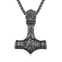 wholesale 925 Sterling Silver Thor Hammer Viking Mjolnir Pendant Necklace Wholesale With Vegvisir Shield And Valknut Symbol-Black