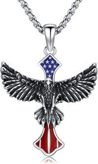 wholesale 925 Sterling Silver American Flag Eagle Cross Necklace - Patriotic Pendant Jewelry for Men & Women -05-Eagle