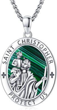 wholesale Sterling Silver Archangel Medals St Pendant Necklace for Men Women-25-St Christopher(oval malachite)