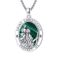 wholesale 925 Sterling Silver Archangel Medals St Pendant Necklace for Men Women-25-St Christopher(oval malachite)