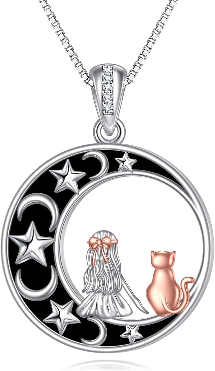 Sterling Silver Moon Star Necklace w Cat Wolf Fox Pendant Jewelry Gift-0-1