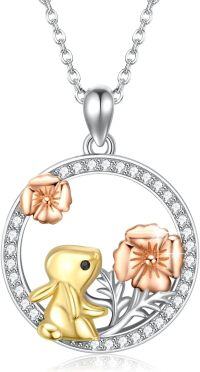 wholesale 925 Sterling Silver Bunny Flower Circle Pendant Necklaces - Easter Gifts for Her-Rose Bunny Necklace
