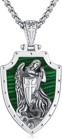 wholesale 925 Sterling Silver Shield-Shaped Angel Protection Medal Pendant Necklace-Michael