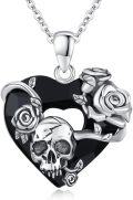 wholesale 925 Sterling Silver Heart-Shaped Black Crystal with Roses and Gothic Skeleton Pendant Necklaces for Women Men  45cm Chain Length-0-0