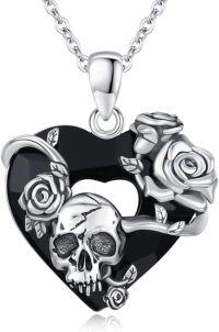 wholesale 925 Sterling Silver Heart-Shaped Black Crystal with Roses and Gothic Skeleton Pendant Necklaces for Women Men  45cm Chain Length-Crystal Rose flower