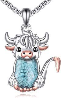 wholesale 925 Sterling Silver Turquoise Highland Cow Pendant Necklace with Pink Accents for Women and Girls-Highland Cow