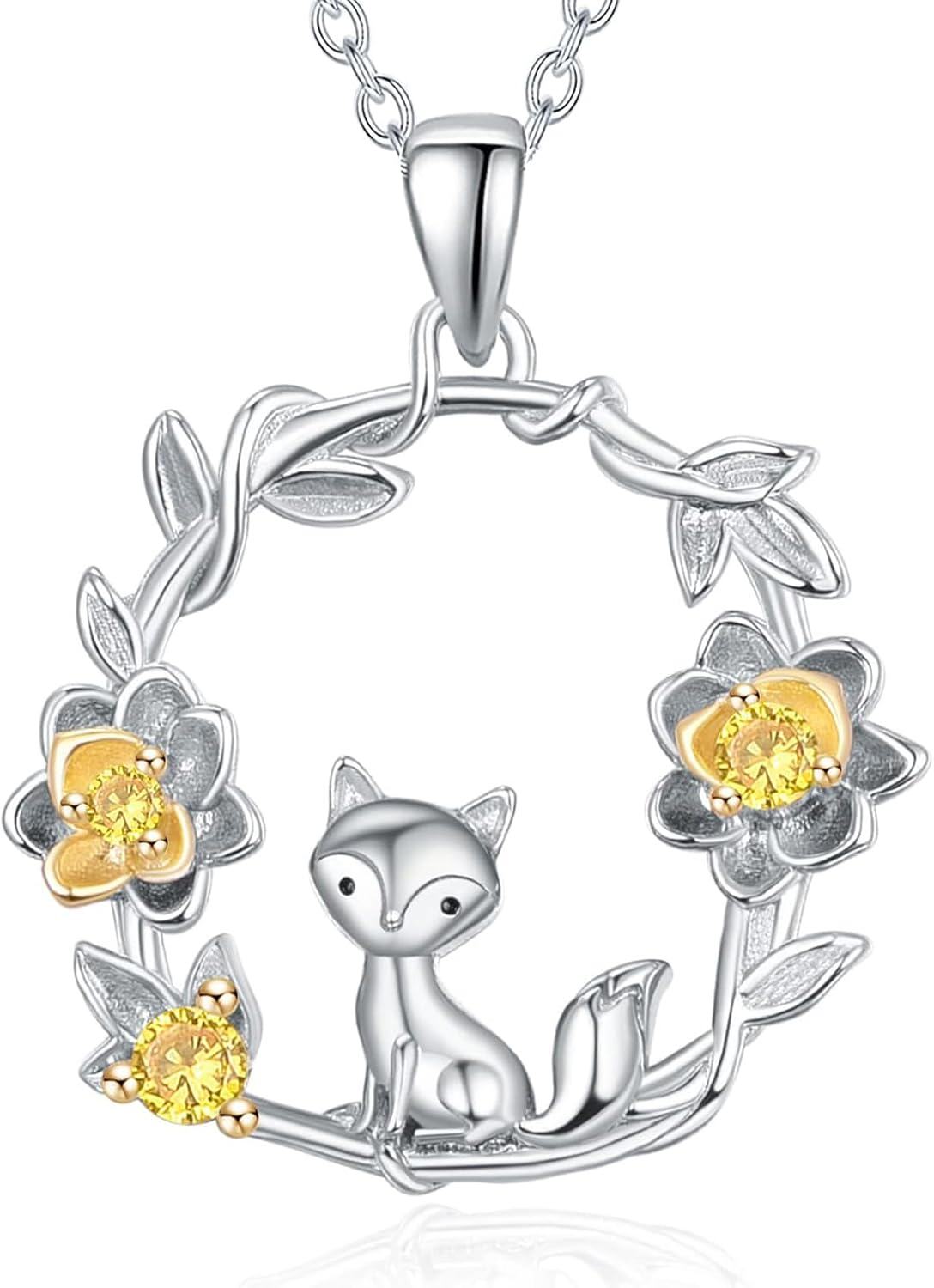 Sterling Silver Gemstone Cute Animal Flower Circle Necklace for Women Dog Fox Giraffe Unicorn Hummingbird Pendant Jewelry Gift -Fox