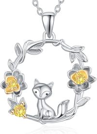 wholesale 925 Sterling Silver Yellow Crystal Fox Floral Circle Pendant Necklace for Women Girls Gifts-Fox