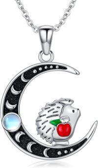 wholesale 925 Sterling Silver Fox on Crescent Moon with Red Apple and Blue Stone Pendant Necklace-Moonstone hedgehog