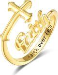 wholesale 925 Sterling Silver Gold Cross Faith & Hope Ring with 'Overcome Fear' Engraving, Adjustable Size 7-9, Religious Gift for Women-0-0