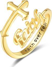 wholesale 925 Sterling Silver Gold Cross Faith & Hope Ring with 'Overcome Fear' Engraving, Adjustable Size 7-9, Religious Gift for Women-Gold