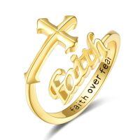 wholesale 925 Sterling Silver Gold Plated Cross Faith Over Fear Open Ring For Women-Gold