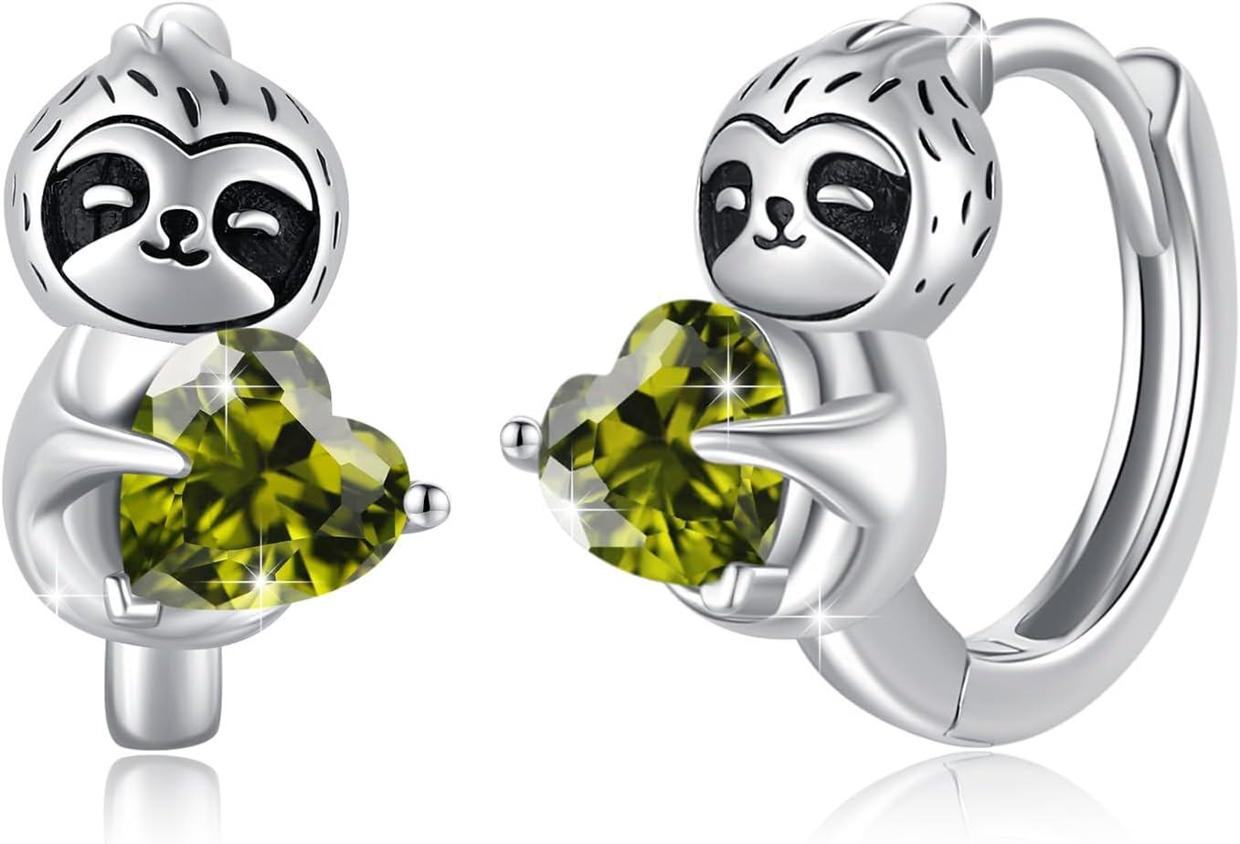 Sterling Silver Hypoallergenic Sloth Hoop Earrings for Women Girls Teens-Oliva Green