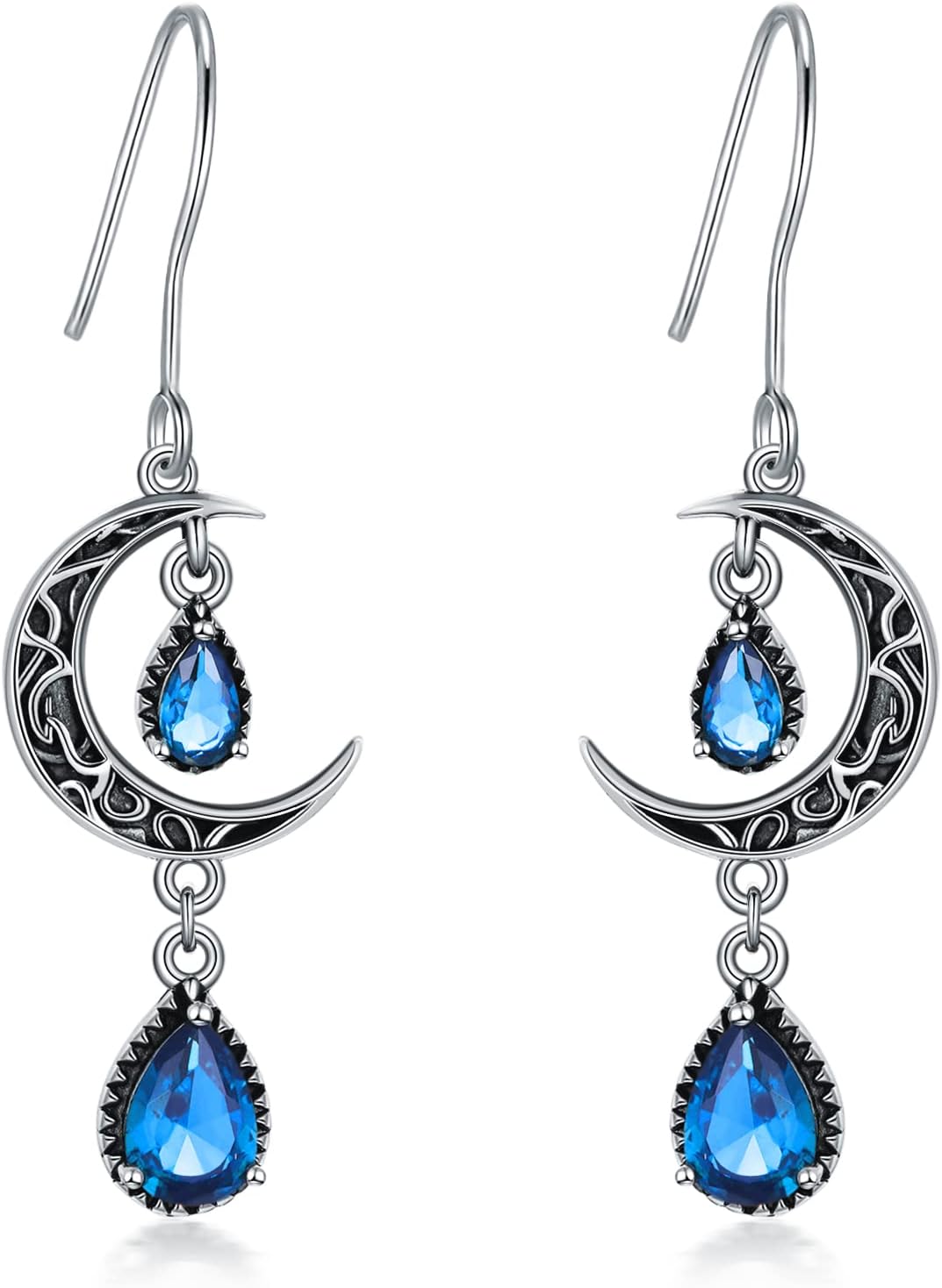 wholesale Sterling Silver Moon Earrings w Emerald Amethyst Ruby Sapphire Pink Peridot Aquamarine Citrine Black Rainbow Topaz Celtic Dangle Drops-White Opal