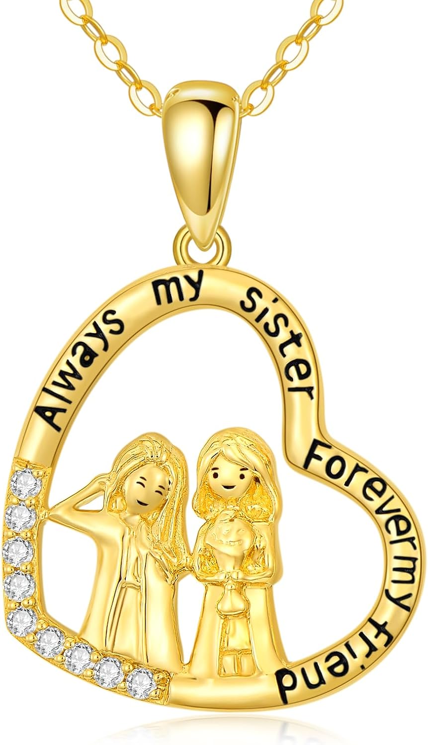 wholesale 14K Gold Heart Pendant Necklace with Sisters and Sunflower Charm for Mom or Daughter - Mothers Day s-0-1