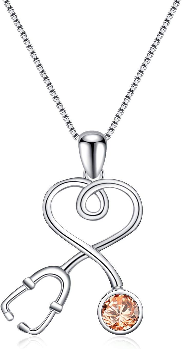 Sterling Silver Stethoscope Necklace w 12 Austria Birthstone Crystals Med Grad Gift-925 Silver - Topaz