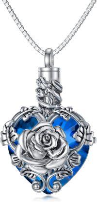 wholesale 925 Sterling Silver Heart-Shaped Rose Blue Crystal Cremation Pendant Necklace-E-rose