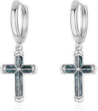 wholesale 925 Sterling Silver Turquoise Inlay Cross Huggie Hoop Dangle Earrings-Silver Cross (Turquoise Gravels)