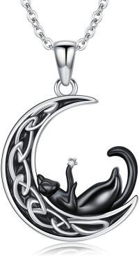 wholesale 925 Sterling Silver Black Cat in the Moon Pendant Necklace-black cat
