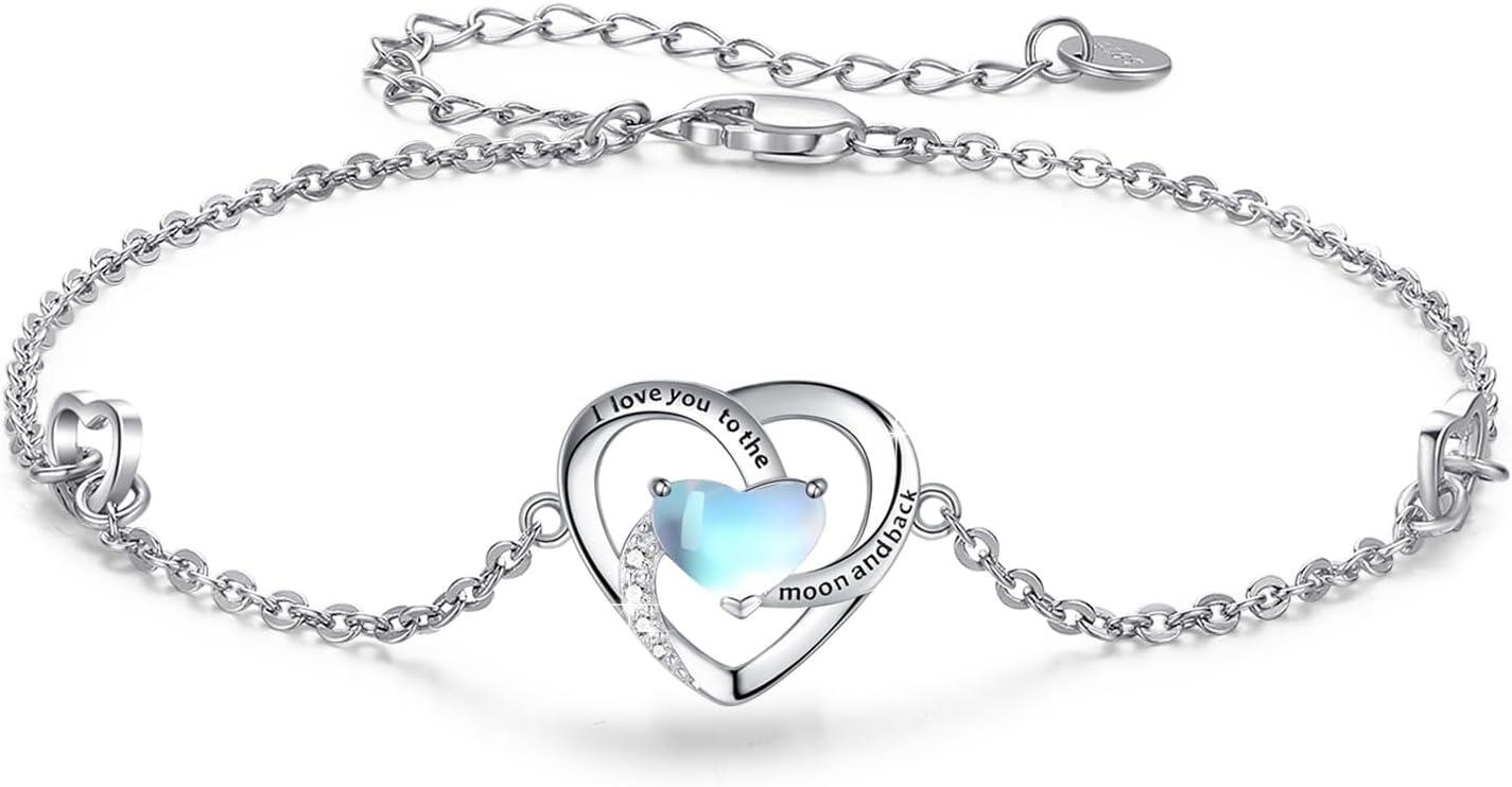 Sterling Silver Opal Turquoise Heart Bracelet I Love You to the Moon Back Adjustable Valentine s Gift for Women Girls-A03-Heart MoonstoneBracelet