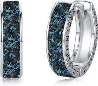 wholesale 925 Sterling Silver Hypoallergenic Blue Green Shell Norse Viking Huggie Hoop Earrings with Rune Design-Abalone Shell