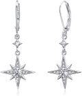 wholesale 925 Sterling Silver Star Shape Cubic Zirconia Leverback Drop Dangle Earrings for Women Girls  4cm Length-0-0
