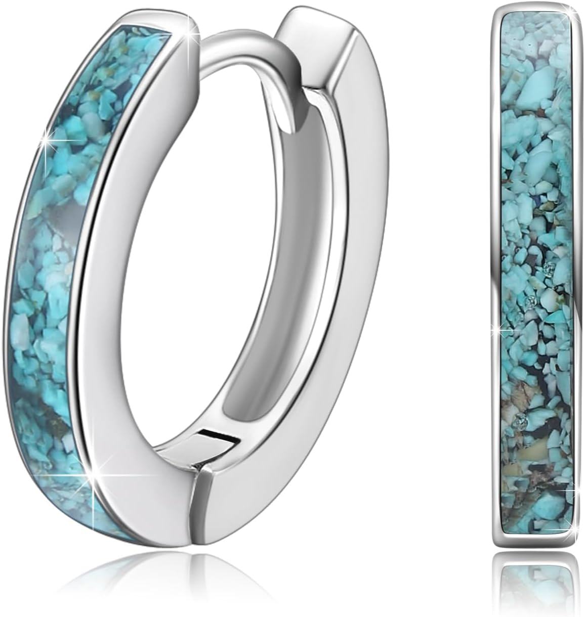 Sterling Silver Simulated Opal Hoop Earrings for Women Hypoallergenic Huggie Hinged Hoops Colorful Jewelry Gift-14mm Silver Turquoise-14