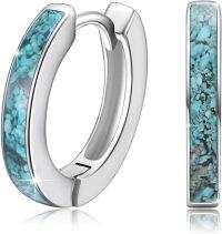 wholesale Sterling Silver Simulated Opal Hoop Earrings for Women Hypoallergenic Huggie Hinged Hoops Colorful Jewelry Gift-14mm Silver Turquoise-14