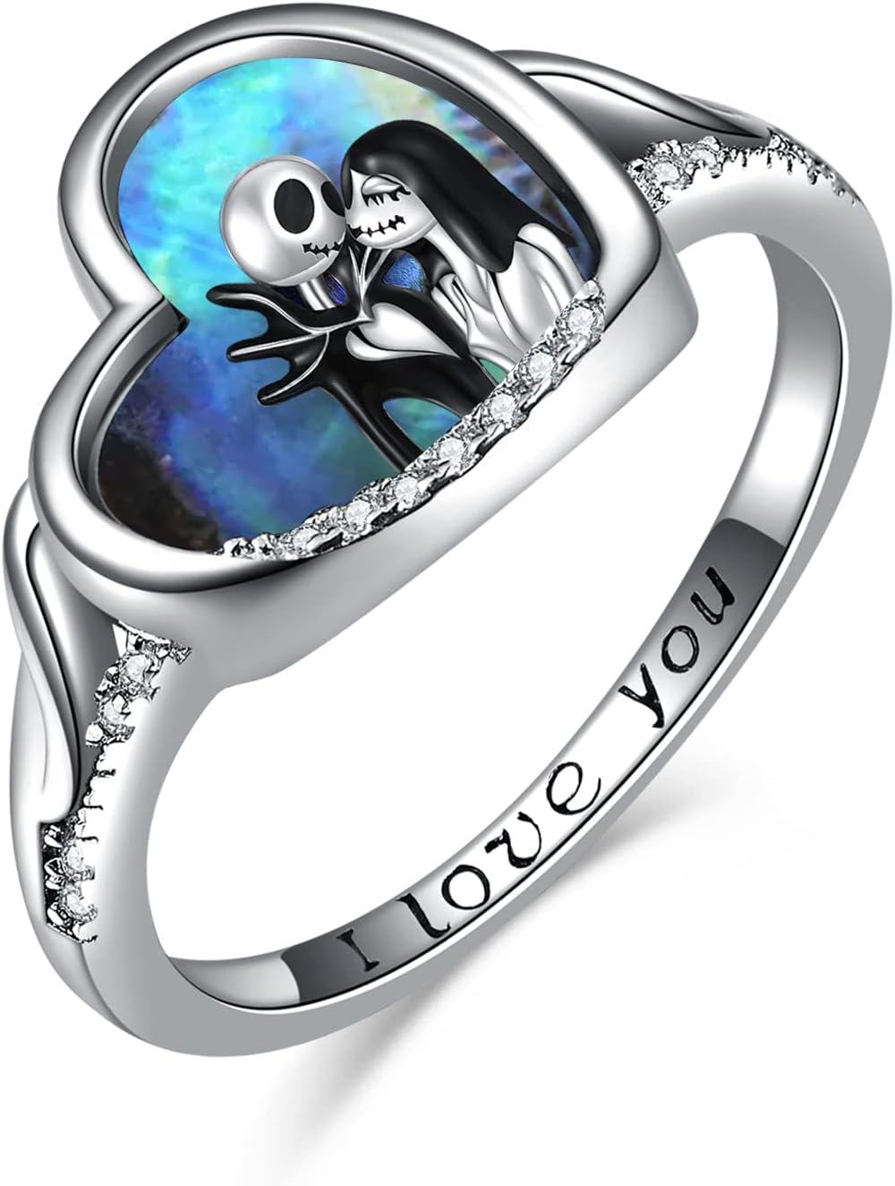 TOUPOP Nightmare Rings Sterling Silver Abalone Shell Jack And Sally Rings Jack Skellington Jewelry 