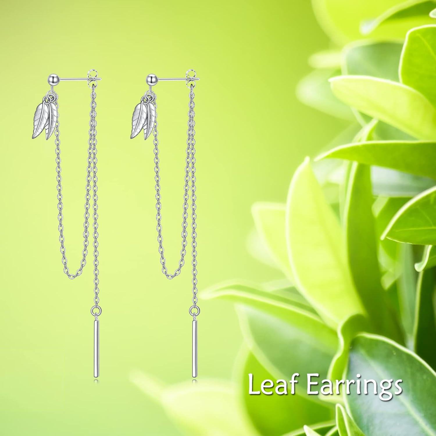 925 Sterling Silver Leaf Drop Threader Earring with Chains - Elegant Holiday Accessory for Women-0-4