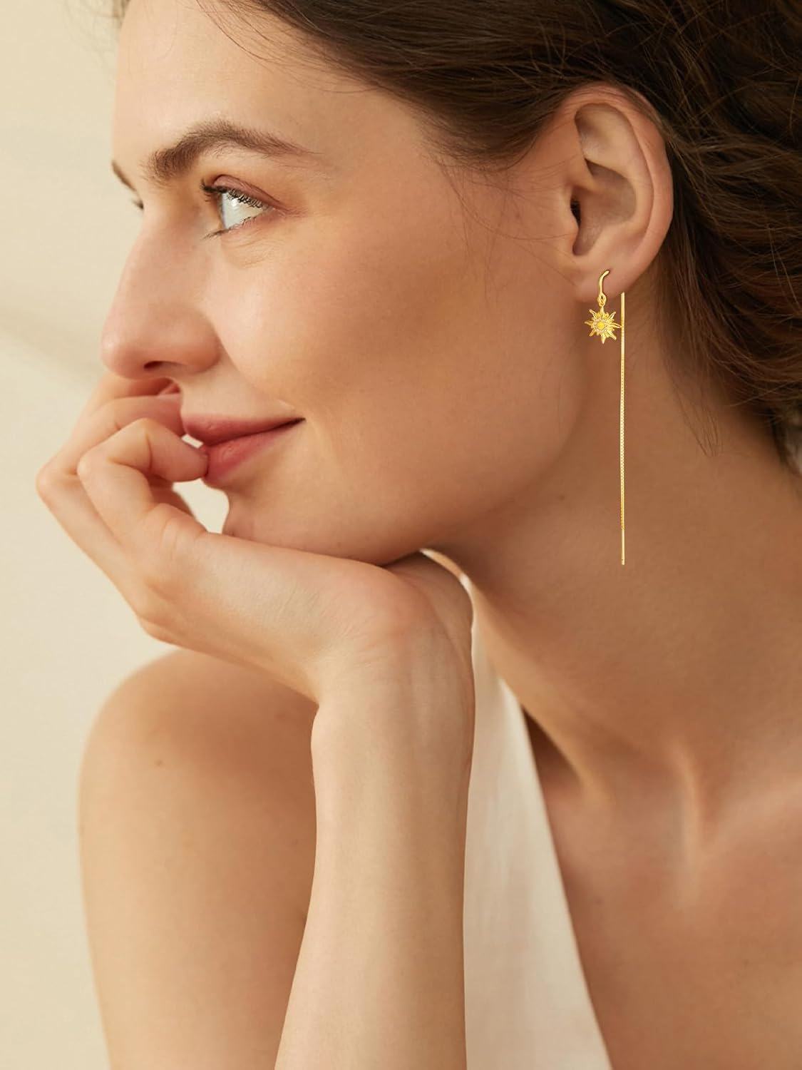 925 Sterling Silver Yellow Gold Plated Sun & Moon Threader Earrings with Simulated Opals and Cubic Zirconia Stones-0-4