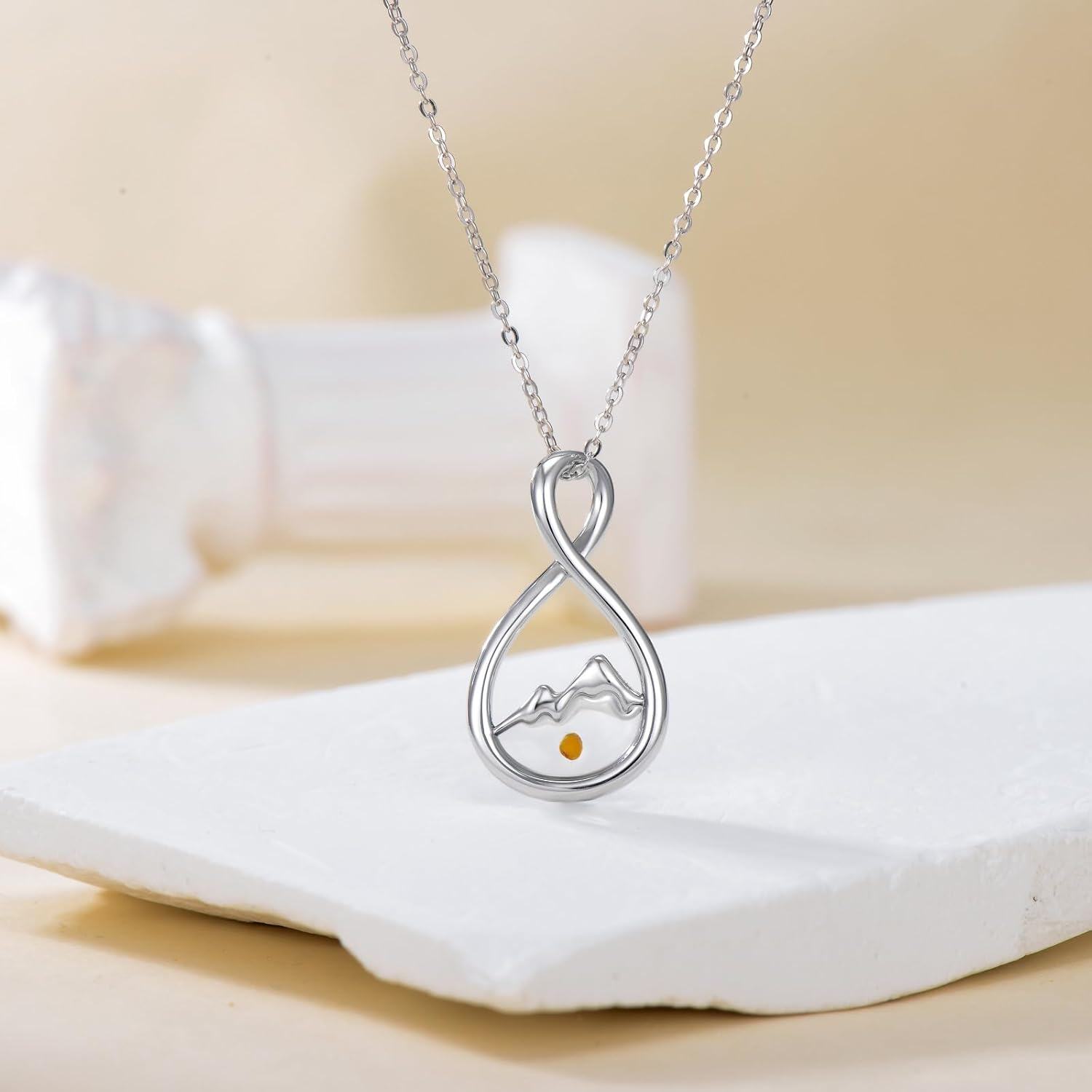 925 Sterling Silver Infinity Faith Moves Mountains Amber Pendant Necklace-0-3