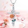 wholesale 925 Sterling Silver Rose & Teal Crystal Cross Pendant Necklaces for Women - Religious Gifts for Mom and Daughter-0-5