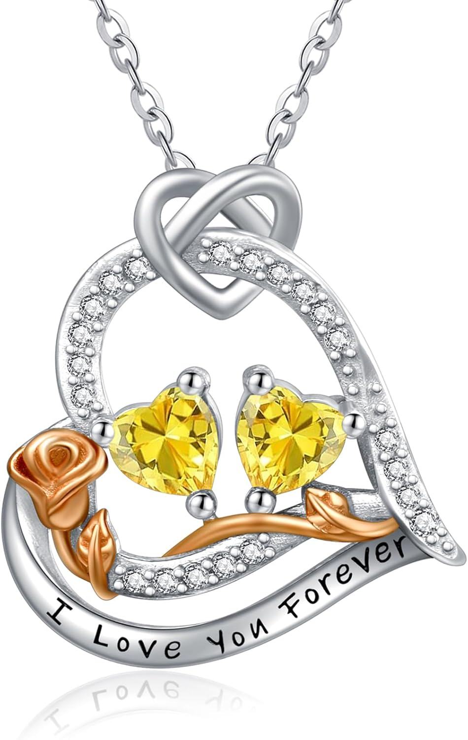  Sterling Silver 2 Birthstones Rose Heart Necklace for Women -11-11-Nov-Nov