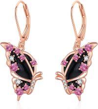 wholesale 925 Sterling Silver Pink Sapphire Black Onyx Butterfly Drop Earrings for Women-Rose Gold