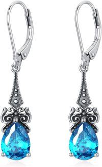 wholesale Sterling Silver 10mm Teardrop 12 Months Birthstone Dangle Drop Earrings-12-Blue Zircon