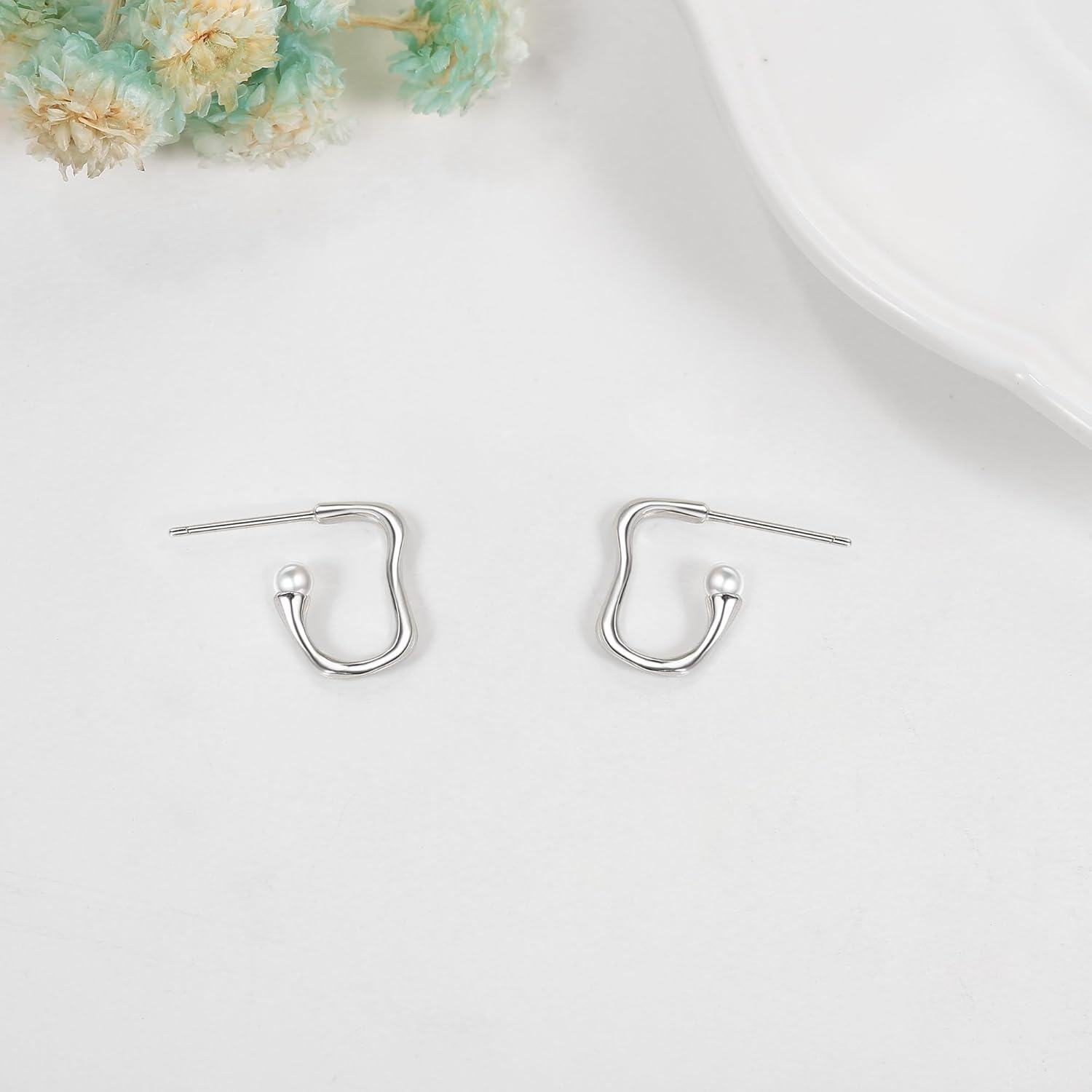 wholesale 925 Sterling Silver Geometric Pearl Studs Hoop Earrings Minimalist  for Women Girls-0-2