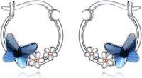 wholesale 925 Sterling Silver Butterfly Flower Hoop Earrings with Blue Crystal and White Daisy Accents-Butterfly