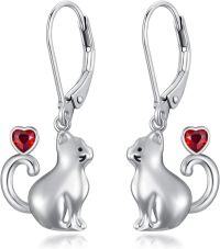 wholesale 925 Sterling Silver Red Heart and Cat Shape Drop Earrings for Women-January