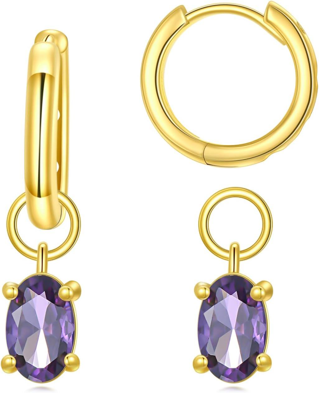  Gold Cubic Zirconia Huggie Hoop Earrings with Dangle Charms for Sensitive Ears -Oval