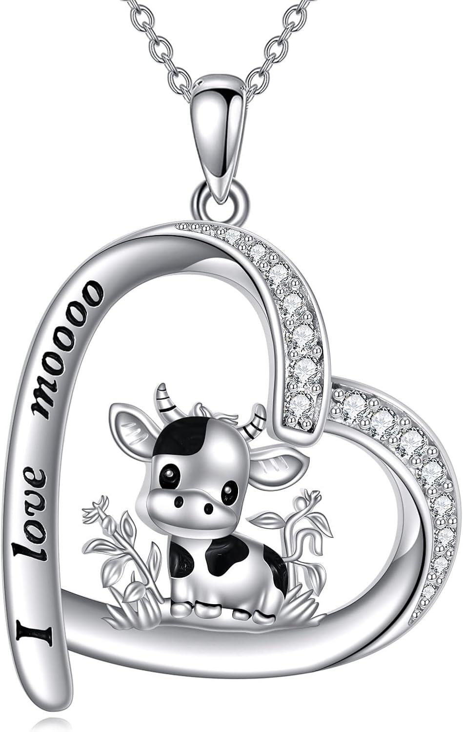 Sterling Silver Heart Pendant Necklace with Cute Animal Charms (Cow Squirrel Guinea Pig Bulldog Axolotl) for Women Teens-0-1
